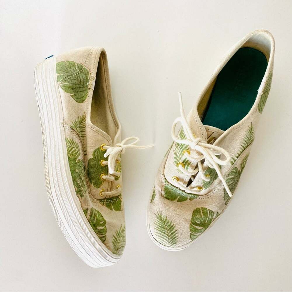 ANTHROPOLOGIE KEDS Canvas Cream Green Palm Tropical Leaf Platform Sneakers 8.5
